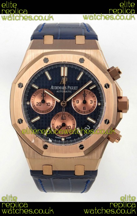 Royal Oak Chrono 26240 Rose Gold Blue Dial Leather Strap Super Clone Watch 