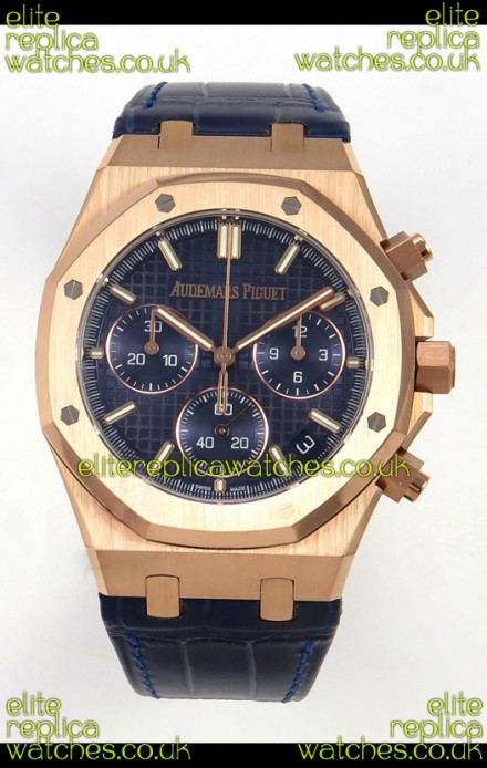 Royal Oak Chrono 26240 Rose Gold Blue Dial Leather Strap Super Clone Watch 