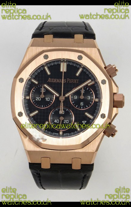 Royal Oak Chrono 26240 Rose Gold Black Dial Leather Strap Super Clone Watch 