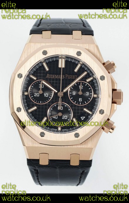 Royal Oak Chrono 26240 Rose Gold Black Dial Leather Strap Super Clone Watch 