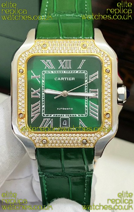 Cartier Santos De Cartier Green Dial Diamonds Two Tone Swiss Replica Watch 