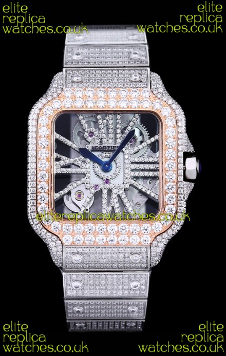 Cartier "Santos De Cartier" Skeleton moissanite Paved Super Clone Watch 