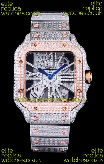 Cartier "Santos De Cartier" Skeleton moissanite Paved Super Clone Watch 