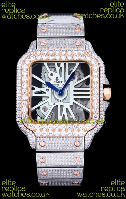 Cartier "Santos De Cartier" Skeleton moissanite Paved Super Clone Watch 