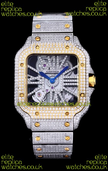 Cartier "Santos De Cartier" Skeleton moissanite Paved Super Clone Watch 