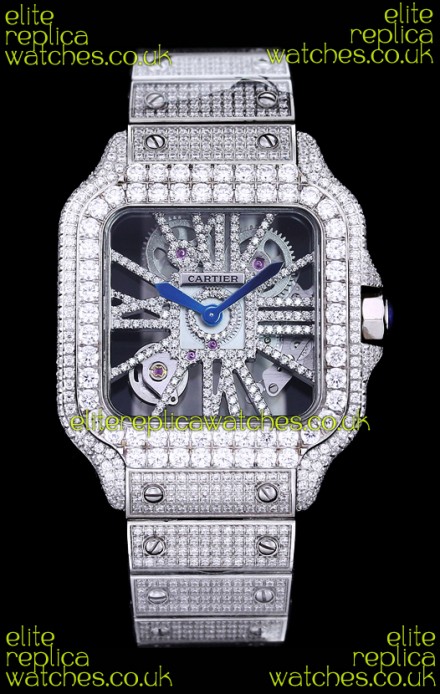 Cartier "Santos De Cartier" Skeleton moissanite Paved Super Clone Watch 