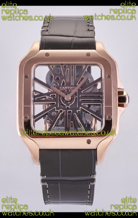 Santos De Cartier Super Clone Watch in Skeleton Dial Rose Gold Case