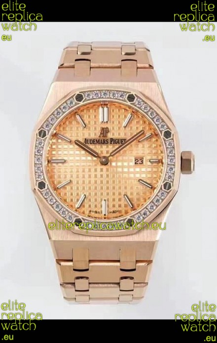 Audemars Piguet Royal Oak 33MM Rose Gold Casing Gold Dial 1:1 Mirror Replica Watch