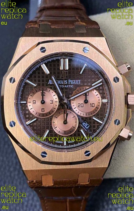 Audemars Piguet Royal Oak Chronograph Rose Gold Brown Dial Leather Strap Swiss Replica Watch