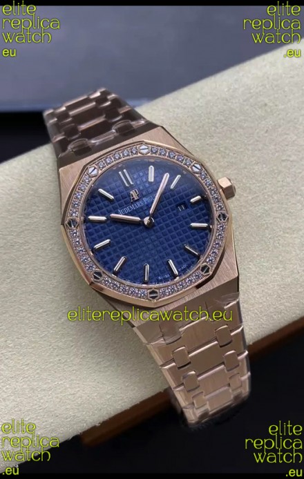 Audemars Piguet Royal Oak 33MM 904L Rose Gold Blue Dial 1:1 Mirror Replica Watch