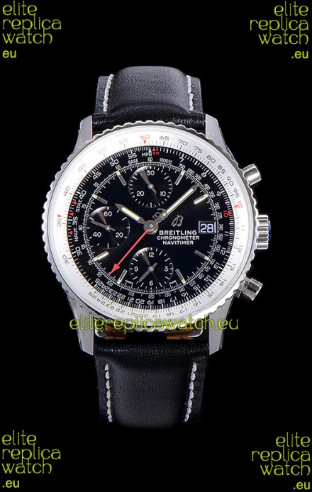 Breitling Navitimer 1 Chronograph 41MM Swiss Watch Black Dial in 904L Steel - Leather Strap