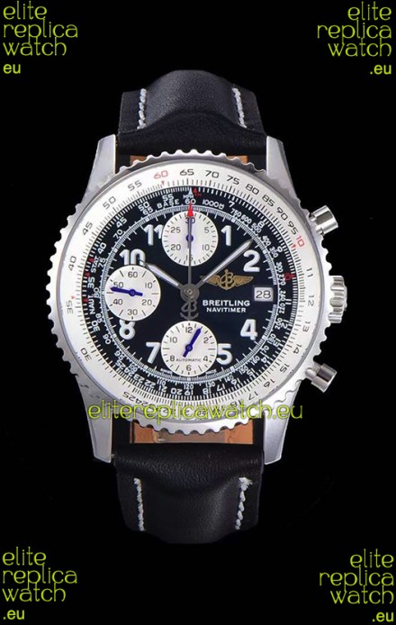 Breitling Navitimer Chronograph 41MM Swiss Replica Watch in 904L Steel Casing - Black Leather Strap