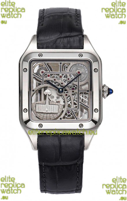 Cartier Santos Dumont Skeleton Stainless Steel Watch in Black Leather Strap 43.5MM