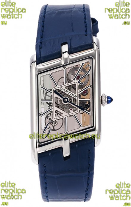 Cartier Tank Asymétrique Stainless Steel Casing Blue Strap Watch in Leather Strap Swiss Replica