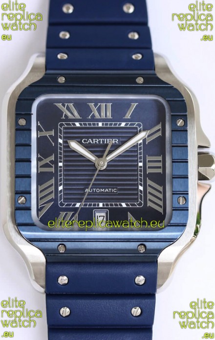 Santos De Cartier 1:1 Blue DLC Bezel Swiss Replica Watch 40MM - Rubber Strap