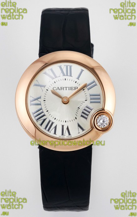Ballon Blanc De Cartier Super Clone Watch 30MM in Rose Gold Casing Black Strap