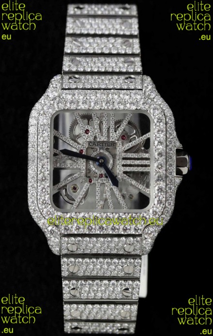 Santos De Cartier Watch in Skeleton Dial - MOSSANITES Paved Edition Swiss Replica Watch
