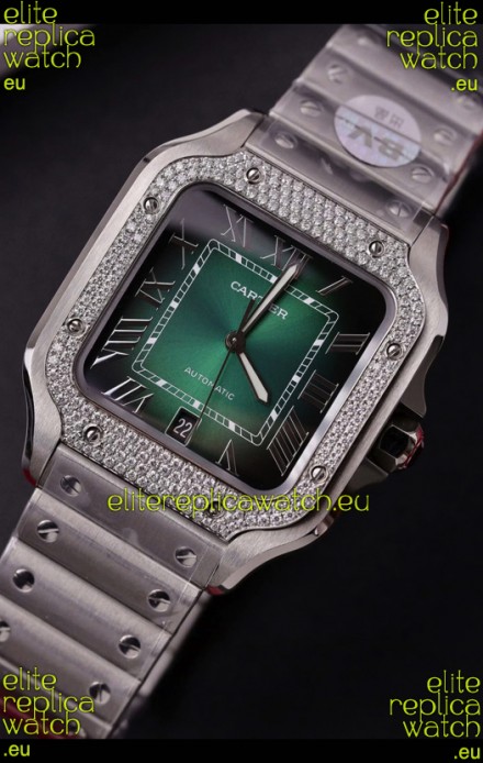 Cartier Santos De Cartier 904L Steel Green Dial Super Clone Replica 40MM Watch 