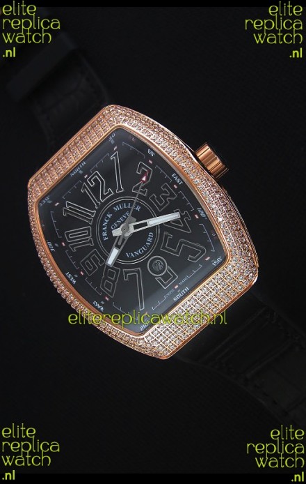 Franck Muller Vanguard Gold Swiss Replica Watch in Black Dial 