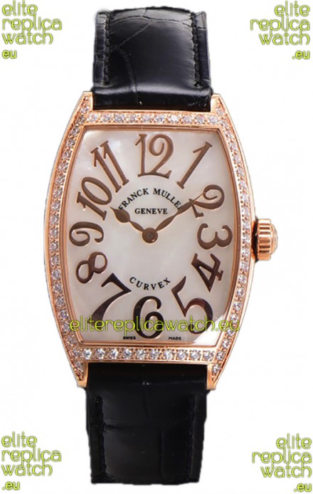 Franck Muller Cintree Curvex Mother of Pearl Dial Watch in Rose Gold Plating - Black Strap 