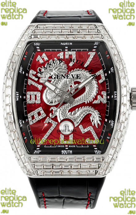 Franck Muller Vanguard Yachting Dragon V45 Red Dial in Square Diamonds Bezel Swiss Replica