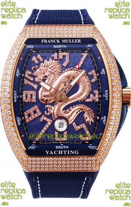 Franck Muller Vanguard Yachting Dragon V45 Blue Dial in Gold Diamonds Bezel Swiss Replica