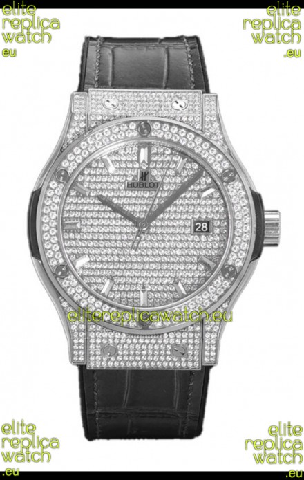 Hublot Classic Fusion Automatic Steel Diamonds Paved Dial Grey Strap 42MM Superclone Replica Watch 