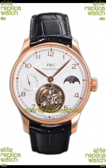 IWC Portugese Hand-Wound Genuine Tourbillon White Dial Rose Gold Casing Swiss Replica Watch 