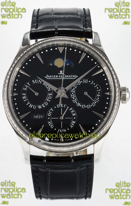 Jaeger LeCoultre Super Clone Master Ultra-Thin Perpetual Calendar Black Dial Diamonds Watch