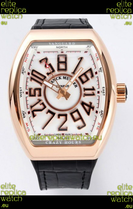 Franck Muller Vanguard Crazy Hours in Rose Gold Plating - White Dial Swiss Replica Watch 