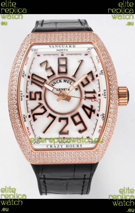Franck Muller Vanguard Crazy Hours Rose Gold Diamonds - White Dial Swiss Replica Watch 