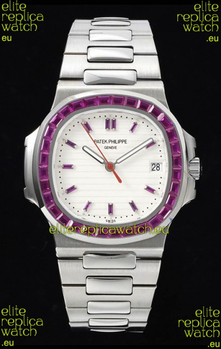 Patek Philippe Nautilus 5711 White Dial 1:1 Mirror Replica in 904L Steel with Rubies Bezel