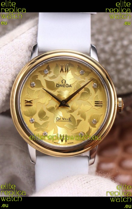 Omega De Ville Floral Dial Swiss Quartz Movement in Two Tone Casing - Gold Dial