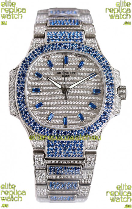 Patek Philippe Nautilus 7118R 35MM 1:1 Blue Diamonds Paved Watch in Steel Casing 