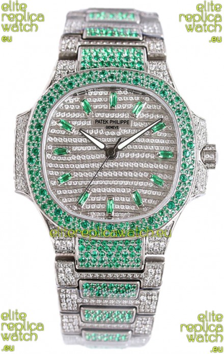 Patek Philippe Nautilus 7118R 35MM 1:1 Green Diamonds Paved Watch in Steel Casing 