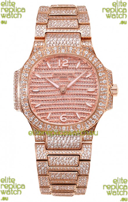 Patek Philippe Nautilus 7118R 35MM 1:1 Diamonds Paved Watch in Rose Gold Casing