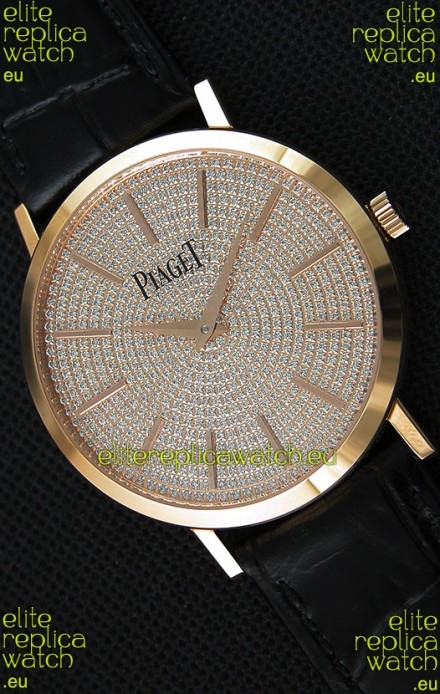 Piaget Altiplano G0A36128 Paved Diam Dial Swiss Quartz Replica Watch in Pink Gold Case