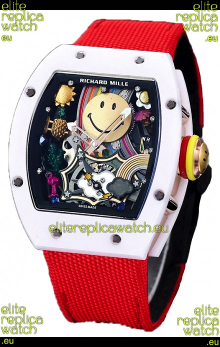 Richard Mille RM088 Smiley Tourbillon White Ceramic Casing Red Nylon Strap Replica Watch 