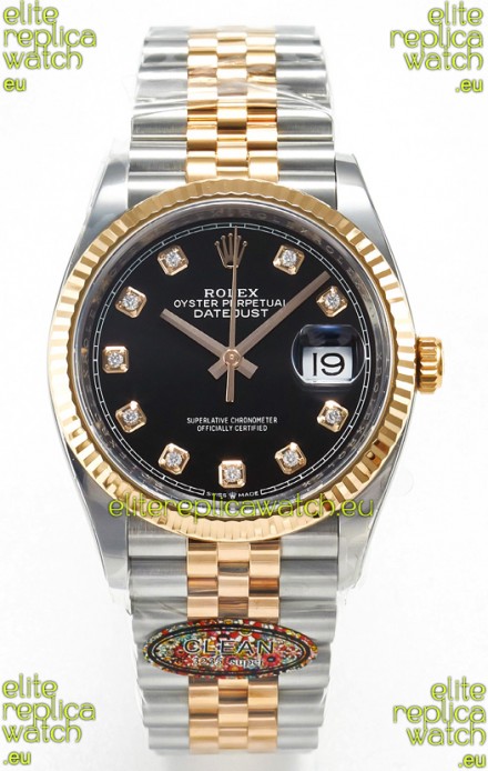 Rolex Super Clone Datejust ETA 3235 Movement 36MM Two Tone Rose Gold Swiss Black Dial Watch