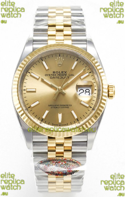 Rolex Super Clone Datejust ETA 3235 Movement 36MM Two Tone Yellow Gold Swiss Gold Dial