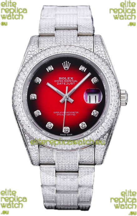 Rolex Datejust 41MM Swiss Replica - Iced Out Edition in Red Dial 