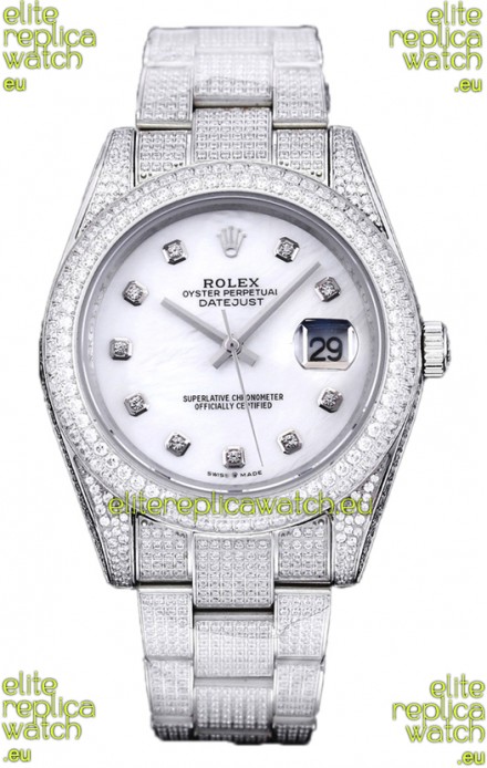 Rolex Datejust 41MM Swiss Replica - Iced Out Edition in White Pearl Dial