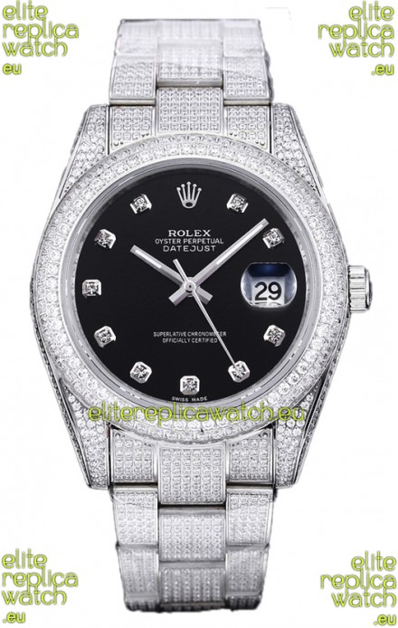 Rolex Datejust 41MM Swiss Replica - Iced Out Edition in Black Dial 