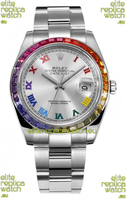 Rolex Datejust 41MM Swiss Replica Watch - 904L Steel in Rainbow Bezel 