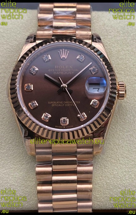 Rolex Datejust 31MM Swiss Watch in 904L Steel Rose Gold Chocolate Dial 1:1 Mirror Replica