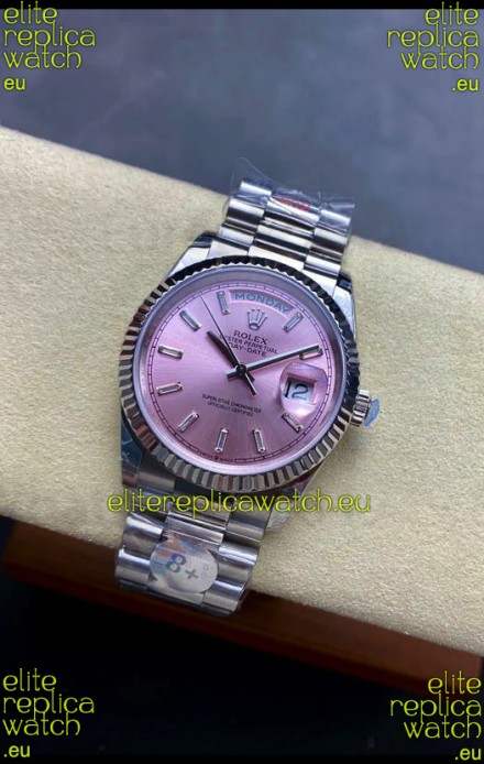 Rolex Day Date Super Clone Stainless Steel Pink Sunburst Dial Crystal Numerals Watch 36MM - 1:1 Mirror Quality
