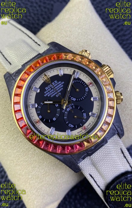 Rolex Daytona DiW Carbon Edition Rainbow Bezel - Forged Carbon Casing Beige Strap 1:1 Mirror Replica