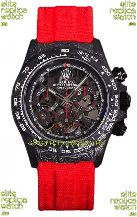 Rolex Daytona DiW Skeleton Carbon Edition Watch - Forged Carbon Casing Red Strap 1:1 Mirror Replica