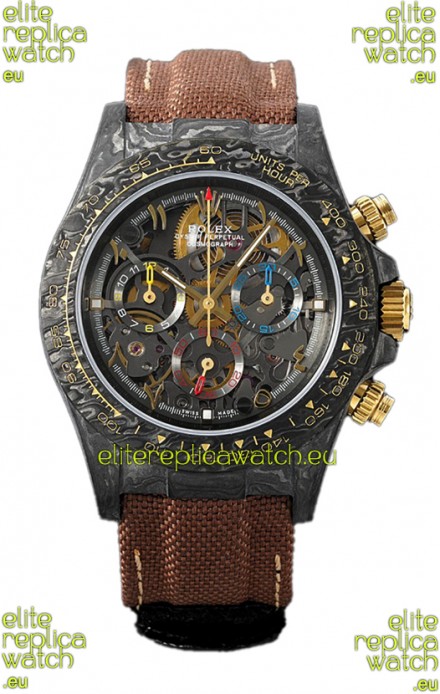 Rolex Daytona DiW Skeleton Carbon Edition Watch - Forged Carbon Casing Brown Strap 1:1 Mirror Replica