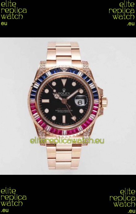 Rolex GMT Masters II Diamonds Swiss watch with Rose Gold 904L Case - 1:1 Mirror Quality 